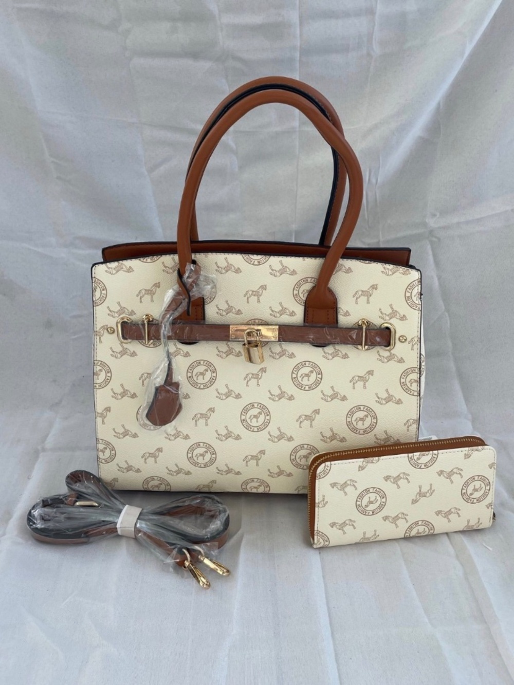 White & Brown with Horses on it purse and wallet